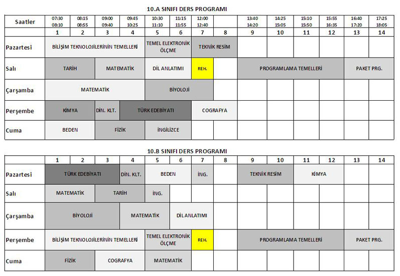 10.Sınıf Ders Programı