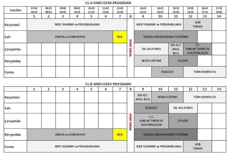 11.Sınıf Ders Programı