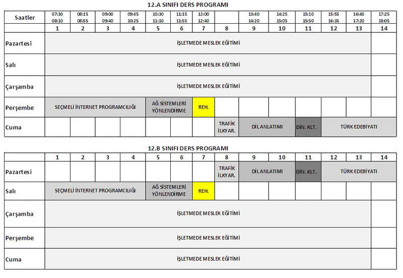 12.Sınıf Ders Programı